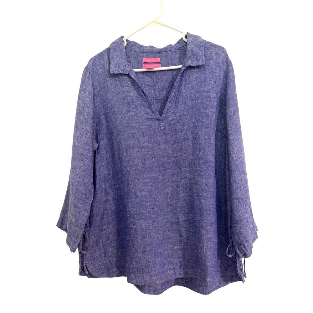 Isaac Mizrahi Womens LARGE Blue Linen Popover Top Blouse Tie-Sides 3/4 Sleeve
